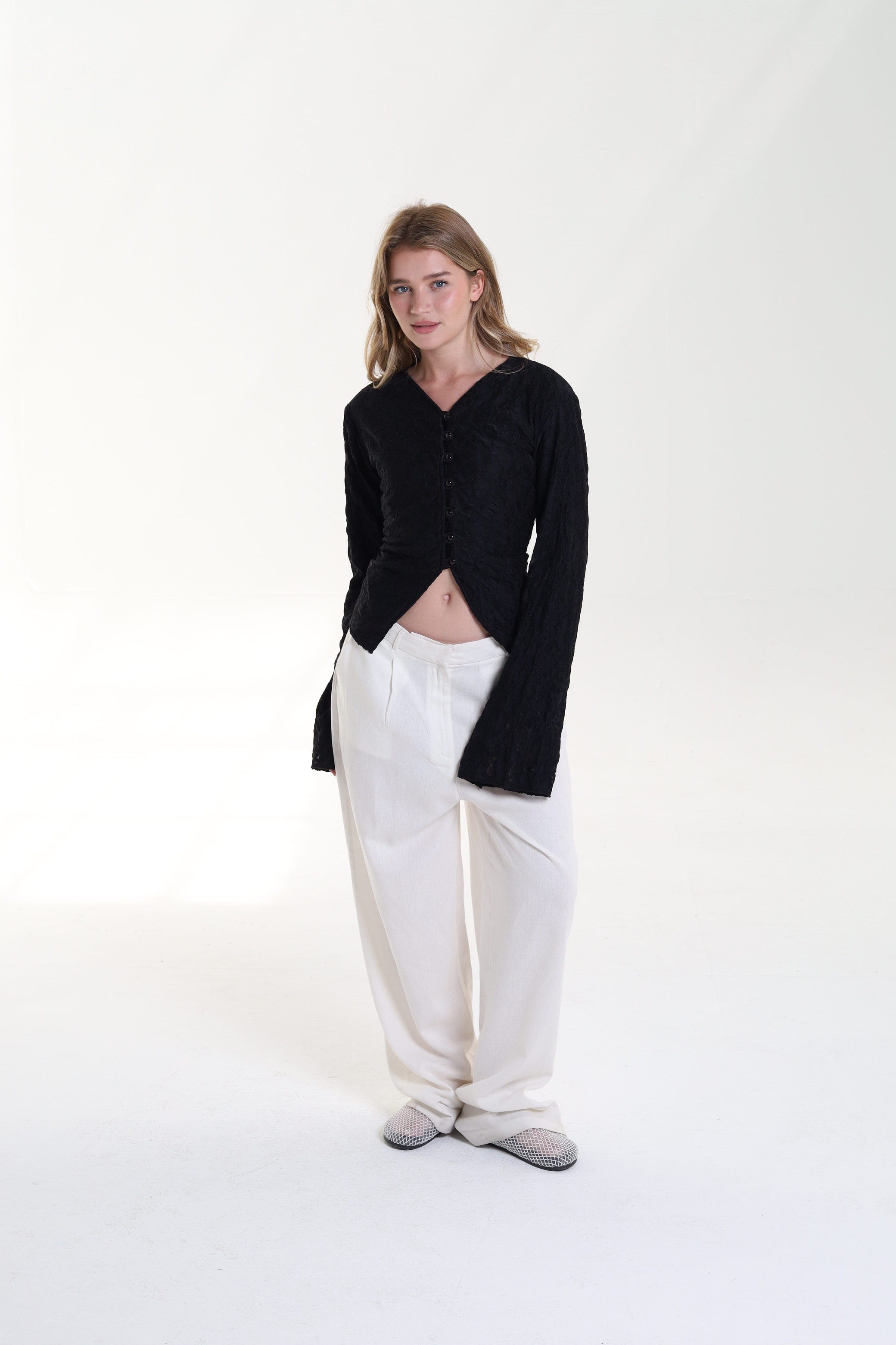 Lace blouse button back tie