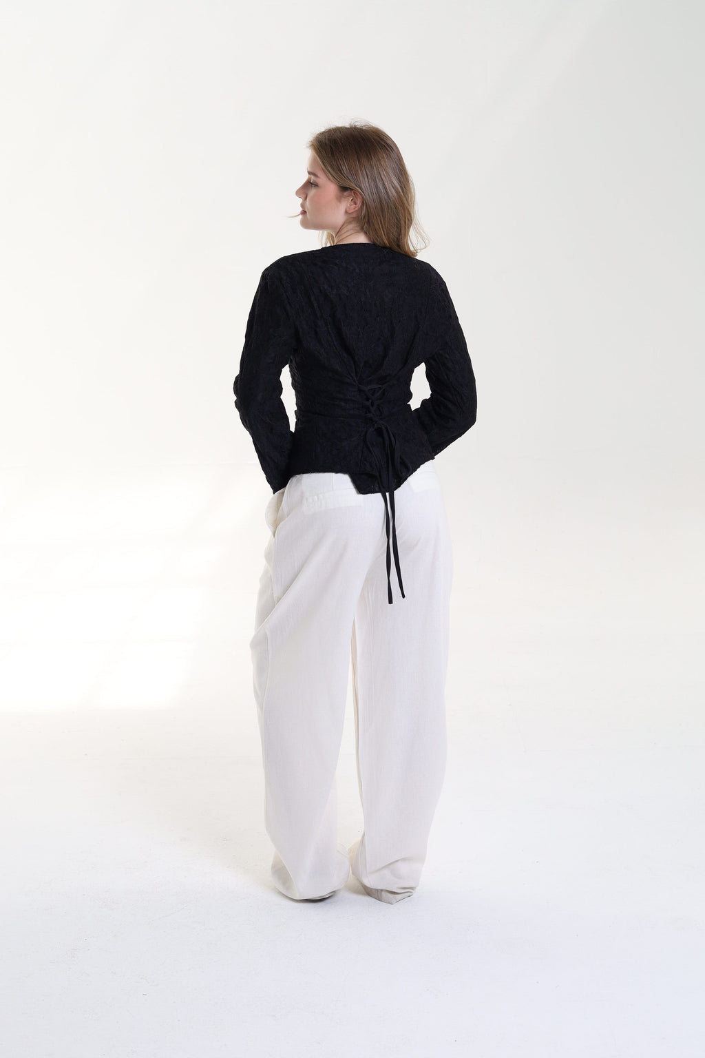 Lace blouse button back tie