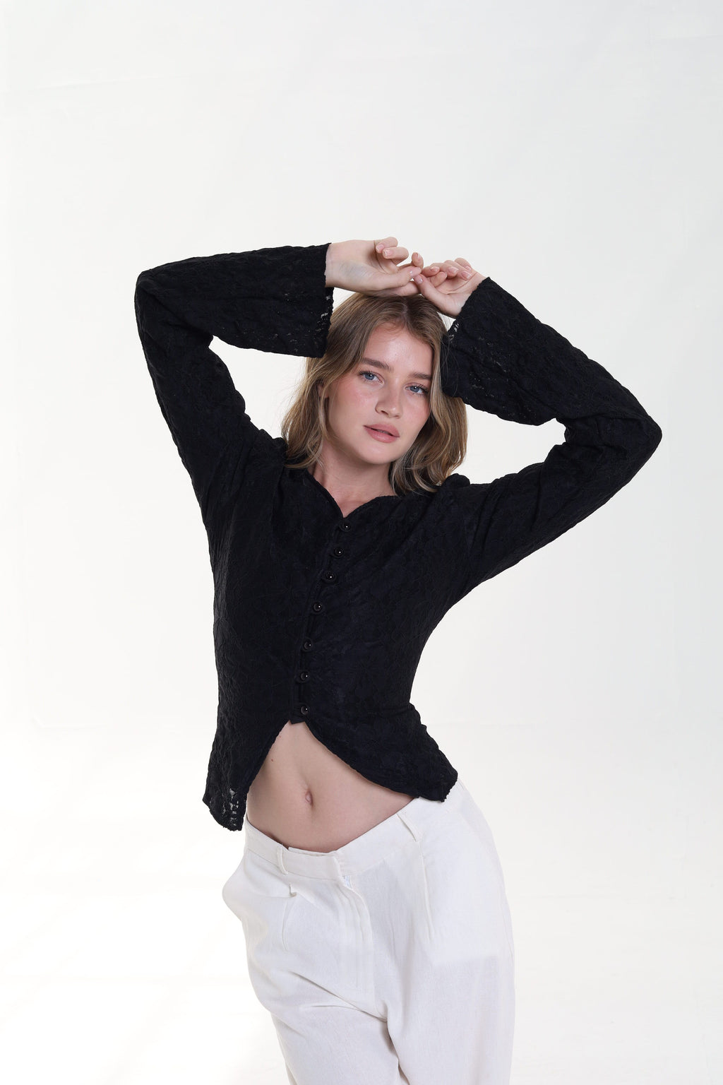 Lace blouse button back tie