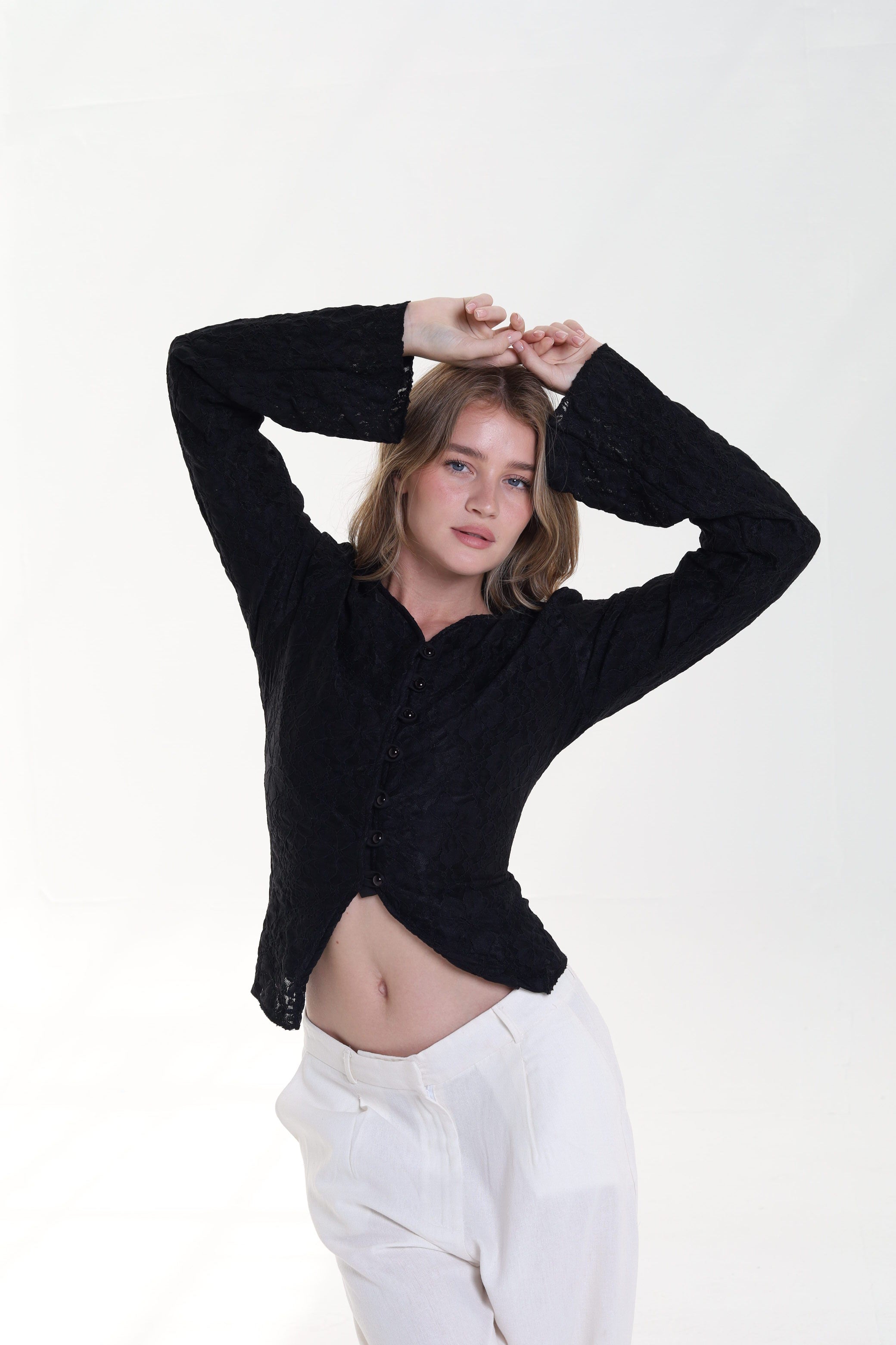 Lace blouse button back tie