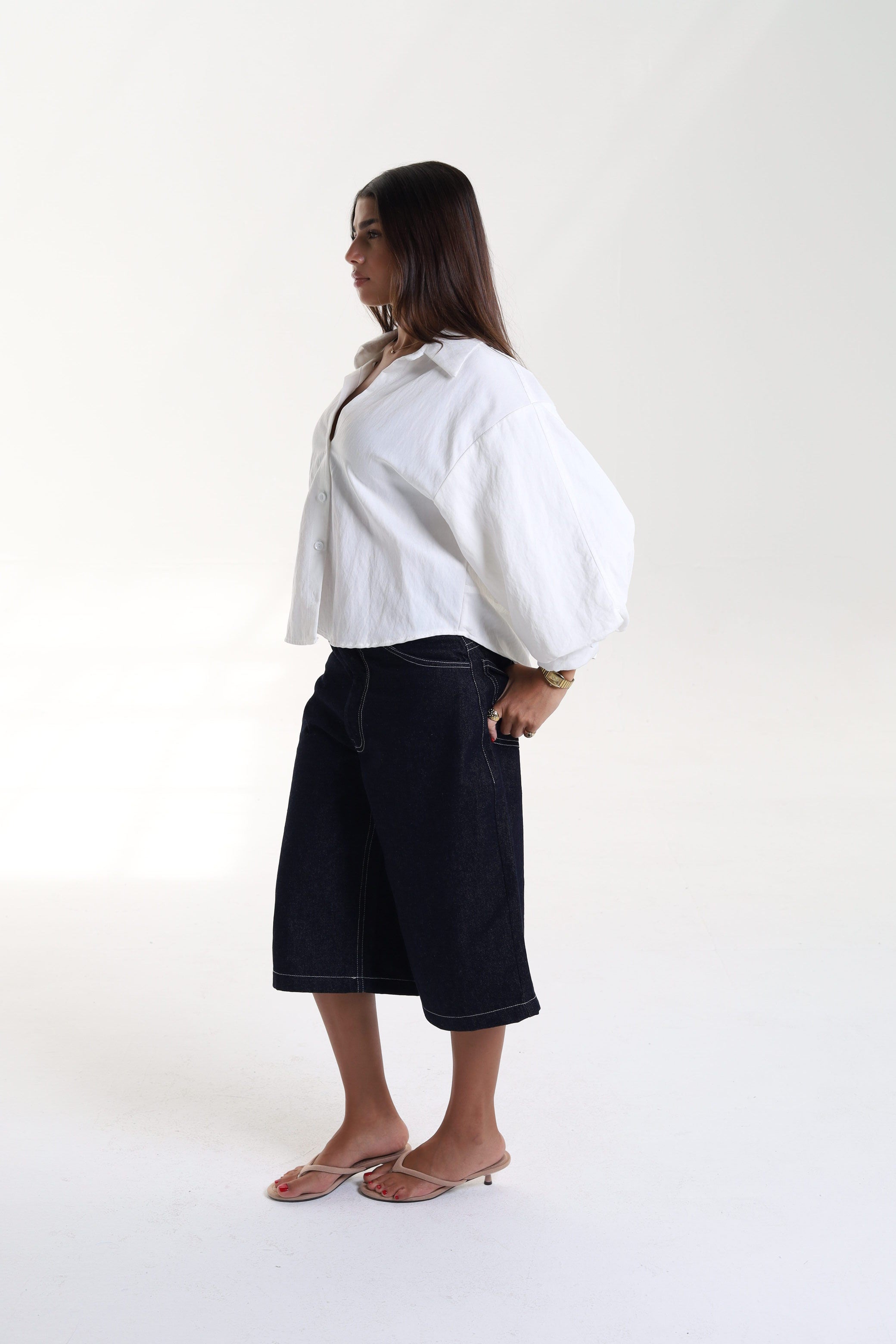 Cropped Balloon Sleeve Blouse