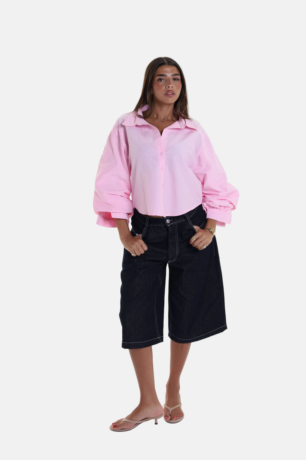 Cropped Balloon Sleeve Blouse