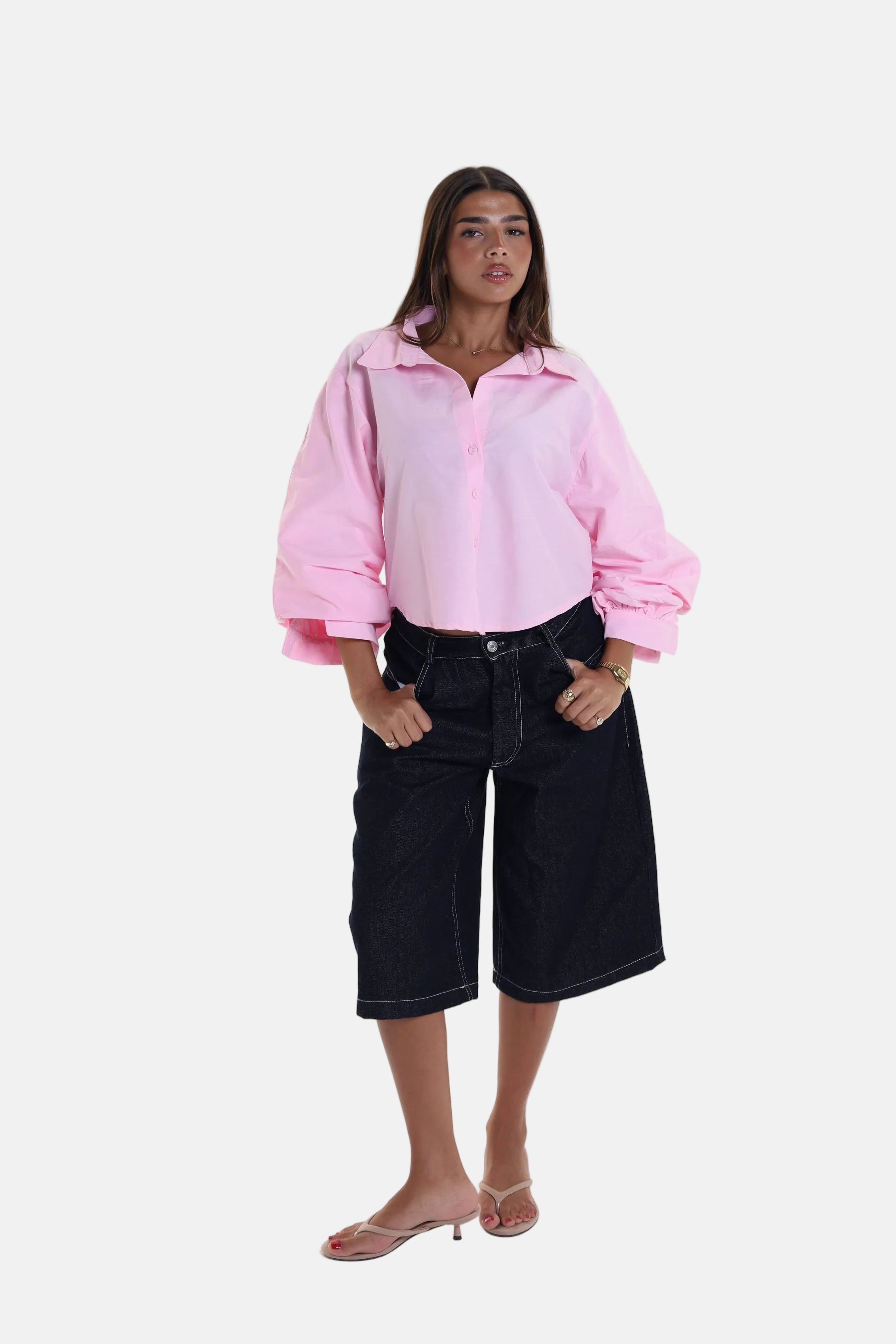 Cropped Balloon Sleeve Blouse