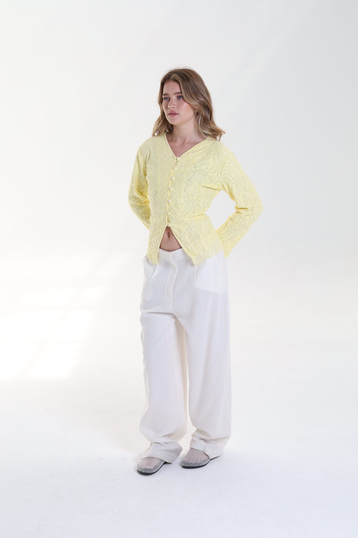 Lace blouse button back tie