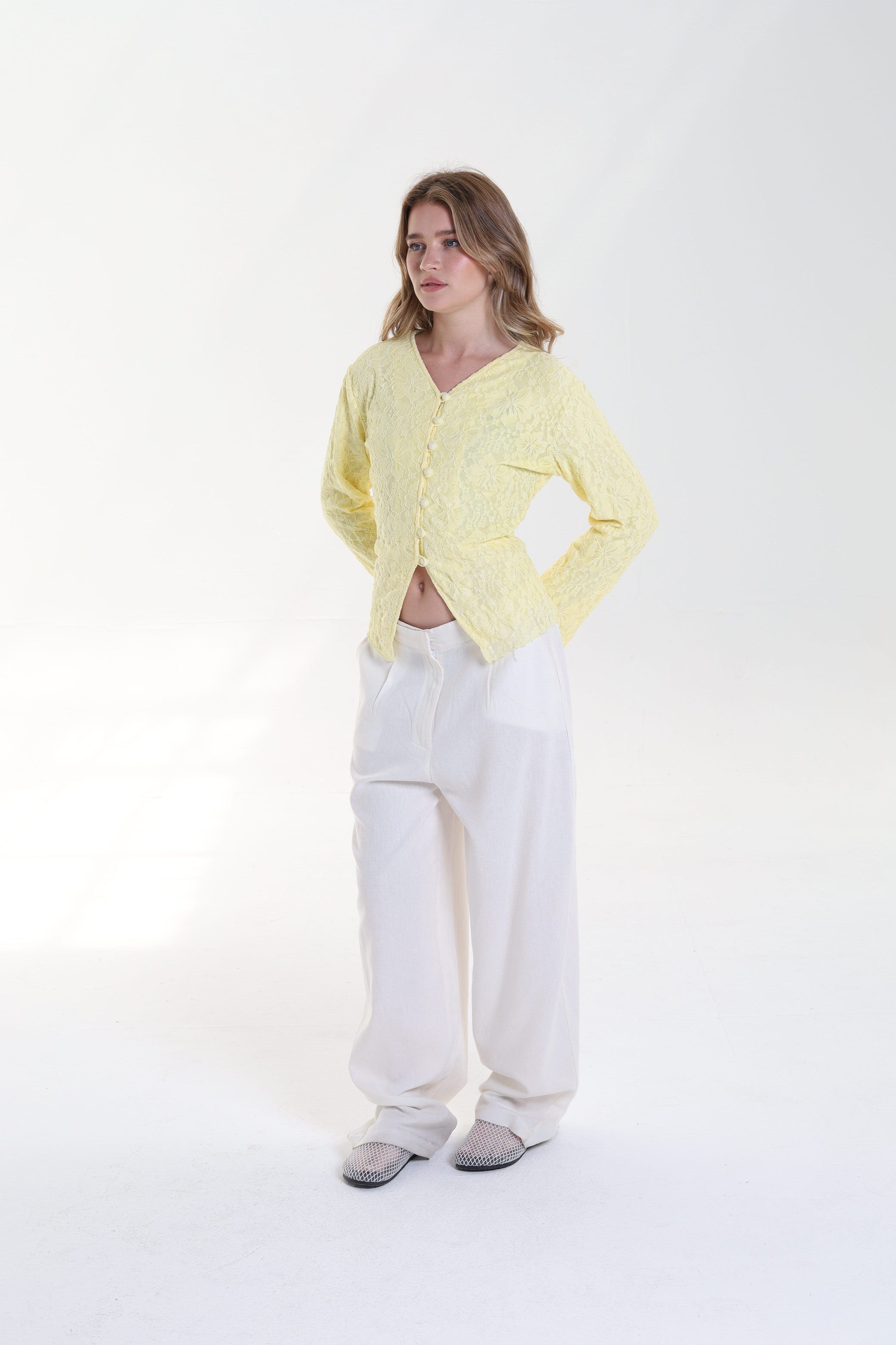 Lace blouse button back tie