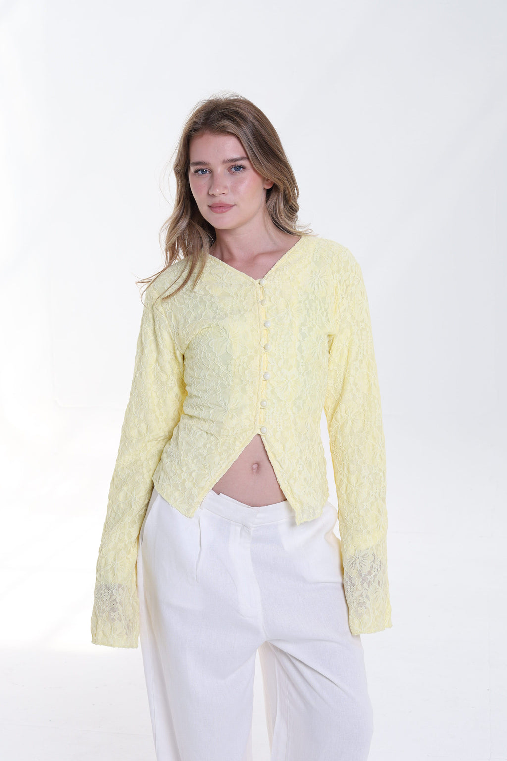Lace blouse button back tie