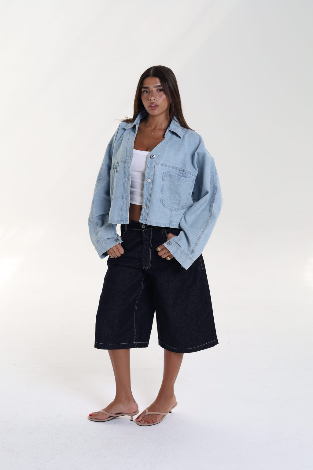 Flowy Denim Shirt with Front Pockets