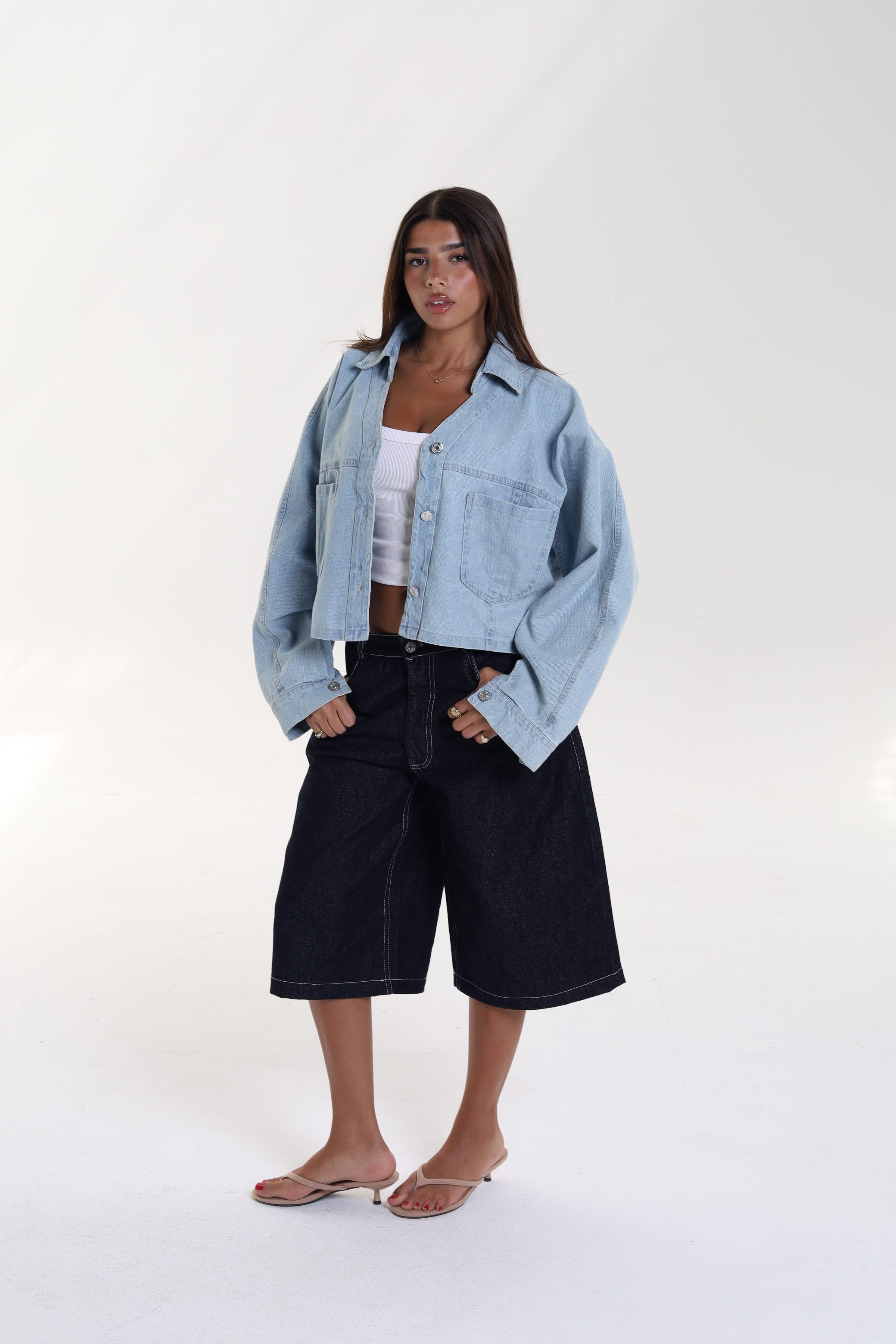 Flowy Denim Shirt with Front Pockets